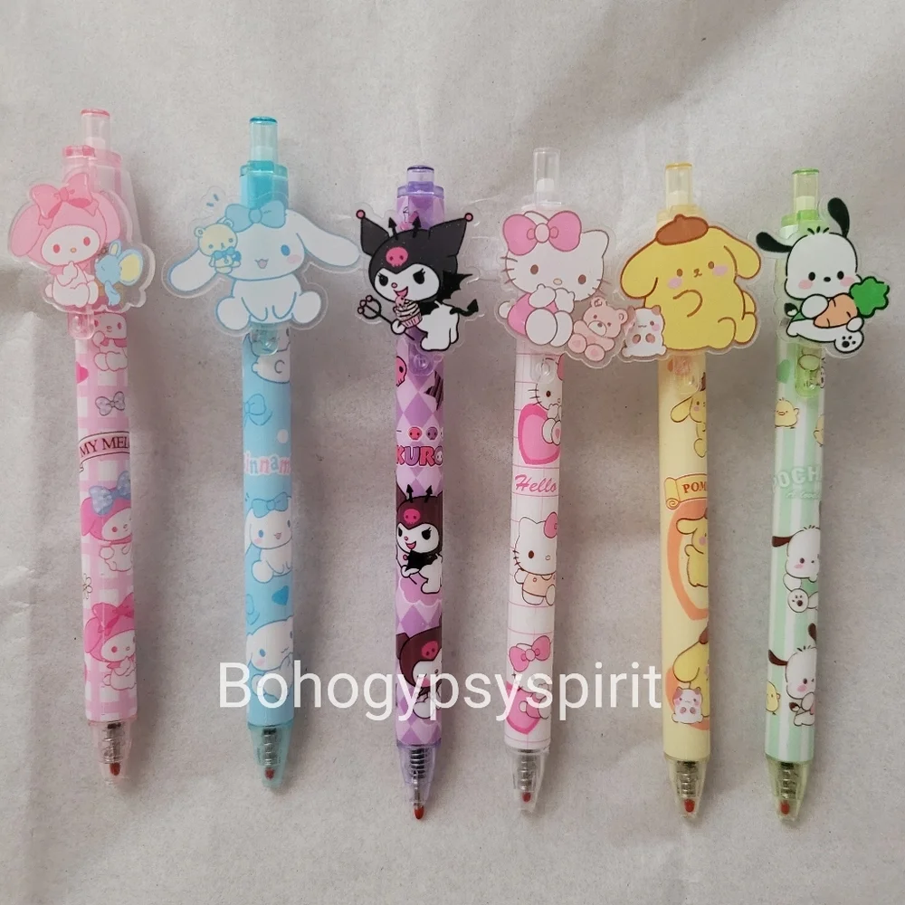 Set of 6, Hello Kitty & Friends Pens Sanrio Kuromi Melody Pom Cinnamoroll